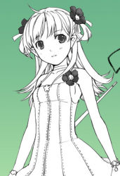 Rule 34 | 1girl, dress, flower, gradient background, green background, h2so4, long hair, lowres, monochrome, solo, twintails