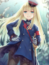 Rule 34 | &gt;:), 1girl, artist name, blonde hair, blue coat, blurry, blurry background, blush, brown pantyhose, closed mouth, coat, commentary request, depth of field, fate (series), gloves, green eyes, hagino kouta, hand on own hip, hat, highres, holding, holding sword, holding weapon, long hair, long sleeves, lord el-melloi ii case files, pantyhose, peaked cap, reines el-melloi archisorte, saber (weapon), signature, smile, solo, sword, tilted headwear, v-shaped eyebrows, very long hair, weapon, white gloves, white hat