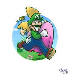 Rule 34 | 1boy, 1girl, angry, ass grab, blonde hair, blue eyes, blush, carrying, carrying over shoulder, crown, day, dress, earrings, embarrassed, facial hair, full body, gloves, grass, grin, hat, holding, jewelry, long hair, looking back, luigi, mario (series), mushroom, mustache, nintendo, overalls, pink dress, princess peach, running, sidelocks, smile, super mario bros. 1, surprised, thebourgyman