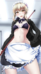 Rule 34 | 1girl, absurdres, apron, artoria pendragon (alter swimsuit rider) (fate), artoria pendragon (alter swimsuit rider) (second ascension) (fate), artoria pendragon (fate), bikini, black bikini, black skirt, blonde hair, blush, brown eyes, campbell gichou, cowboy shot, fate/grand order, fate (series), frilled apron, frilled skirt, frills, from below, hand on own hip, highres, holding, hood, hoodie, indoors, legs apart, maid, maid bikini, maid headdress, mop, navel, open clothes, open hoodie, open mouth, sidelocks, skirt, solo, swimsuit, thighs, tsurime, unconventional maid, waist apron