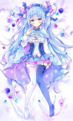 Rule 34 | 1girl, absurdres, asymmetrical legwear, bed sheet, beret, blue cape, blue eyes, blue hair, blue hat, blue ribbon, blue skirt, blue thighhighs, blush, cape, commentary request, frilled sleeves, frills, full body, garter straps, hair between eyes, hair ribbon, hand up, hat, highres, knees together feet apart, long hair, long sleeves, lying, mismatched legwear, no shoes, on back, original, parted lips, pink ribbon, pleated skirt, purple cape, ribbon, shirt, skirt, sleeves past wrists, solo, thighhighs, tsukiyo (skymint), twintails, two-tone cape, very long hair, white shirt, white thighhighs