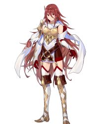 Rule 34 | 1girl, armor, bare shoulders, belt, boots, breastplate, cordelia (fire emblem), dress, female focus, fire emblem, fire emblem awakening, fire emblem heroes, full body, garter straps, gloves, highres, katou itsuwa, matching hair/eyes, nintendo, official art, red eyes, red hair, scarf, short dress, shoulder armor, solo, standing, thigh boots, thighhighs, thighs, transparent background, white scarf, white thighhighs, zettai ryouiki