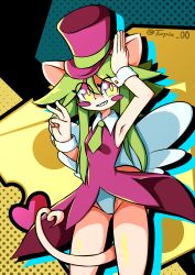 Rule 34 | 1girl, absurdres, animal ears, blush stickers, breasts, cameltoe, green hair, hat, heart, heart tail, highres, leotard, mad rat dead, mouse (animal), mouse ears, mouse girl, mouse tail, necktie, nippon ichi, rat god, red eyes, tail, top hat, turpix, wings, wrist cuffs