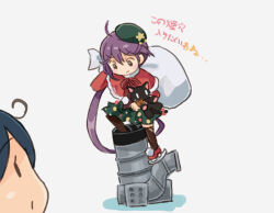 Rule 34 | 2girls, akebono (kancolle), beret, brown thighhighs, capelet, commentary request, fur-trimmed capelet, fur trim, green headwear, green skirt, hair ribbon, hat, ice skates, kantai collection, long hair, machinery, multiple girls, purple eyes, purple hair, red capelet, ribbon, saiguchi otoufu, side ponytail, simple background, skates, skirt, smokestack, solo focus, stuffed animal, stuffed cat, stuffed toy, thighhighs, translation request, ushio (kancolle), very long hair, white background