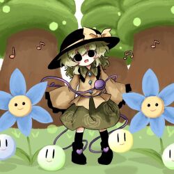 Rule 34 | 1girl, :d, beamed sixteenth notes, black eyes, black hat, bow, buttons, crossover, diamond button, eighth note, eyeball, flower, frilled sleeves, frills, grass, green hair, green skirt, hat, hat ribbon, heripantomorrow, komeiji koishi, long sleeves, mopemope, musical note, open mouth, outdoors, quarter note, ribbon, short hair, skirt, smile, solo, third eye, touhou, wide sleeves