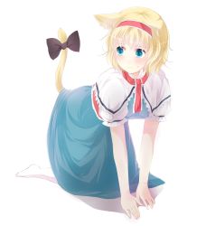 Rule 34 | 1girl, alice margatroid, animal ears, bad id, bad pixiv id, blonde hair, blue eyes, capelet, cat ears, cat girl, cat tail, female focus, hairband, kemonomimi mode, ribbon, short hair, solo, tail, tail ornament, tail ribbon, touhou, yatomi