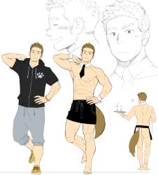 Rule 34 | 1boy, abs, apron, ass, bara, biceps, black apron, blonde hair, itto (mentaiko), looking at viewer, male focus, muscular, muscular male, naked apron, necktie, nervous, original, pectorals, shoes, short hair, sketch, smile, sneakers, thighs, waiter