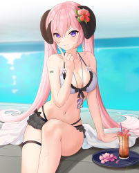 Rule 34 | 1girl, absurdres, barcode, barcode tattoo, bikini, black bikini, breasts, cleavage, collarbone, commentary request, copyright request, cup, day, drinking glass, drinking straw, feet out of frame, flower, frilled bikini, frills, highres, horizon, horns, id card, index finger raised, long hair, looking at viewer, medium breasts, mismatched bikini, navel, ocean, outdoors, parted lips, pink flower, pink hair, purple eyes, see-through, shoulder tattoo, sitting, skindentation, smile, solo, star (symbol), stomach, swimsuit, takeawatch, tattoo, thigh strap, tray, twintails, v-shaped eyebrows, very long hair, water, white bikini