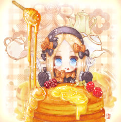 Rule 34 | 1girl, :p, abigail williams (fate), black bow, black dress, black hat, blonde hair, blue eyes, blush, bow, butter, chibi, closed mouth, commentary, dress, fate/grand order, fate (series), food, forehead, fork, fruit, hair bow, hat, holding, holding fork, holding knife, knife, long hair, long sleeves, looking at viewer, orange bow, pancake, pancake stack, parted bangs, plaid, plaid background, raspberry, signature, sleeves past fingers, sleeves past wrists, smile, solo, syrup, takanashi hiyori, teapot, tongue, tongue out