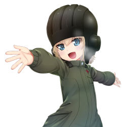 Rule 34 | 1girl, :d, absurdres, black headwear, blonde hair, blue eyes, bob cut, breath, commentary, fang, girls und panzer, green jumpsuit, helmet, highres, insignia, jumpsuit, katyusha (girls und panzer), long sleeves, looking at viewer, open mouth, outstretched arms, pravda military uniform, shiina excel, short hair, simple background, smile, solo, spread arms, standing, tank helmet, white background