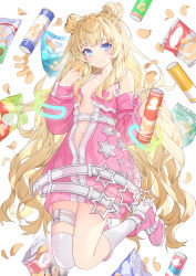 Rule 34 | 1girl, bag of chips, blonde hair, blue eyes, blush, boots, breasts, character request, chips (food), closed mouth, code: dragon blood, commentary, detached sleeves, double bun, english commentary, food, full body, hair bun, highres, holding, holding food, jacket, kneehighs, long hair, long sleeves, pink footwear, pink jacket, pink sleeves, potato chips, ronopu, simple background, single kneehigh, single sock, single thighhigh, sleeves past wrists, small breasts, smile, socks, solo, star (symbol), thighhighs, tube, very long hair, white background, white socks