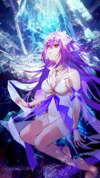 Rule 34 | 00kashian00, 1girl, bikini, breasts, cleavage, closed mouth, commentary request, fate/grand order, fate (series), flower, full body, hair between eyes, hair flower, hair ornament, highres, ice, iceberg, long hair, looking away, looking up, medium breasts, purple hair, red eyes, scathach (fate), scathach skadi (fate), scathach skadi (swimsuit ruler) (fate), scathach skadi (swimsuit ruler) (third ascension) (fate), see-through, smile, solo, swimsuit, twitter username, underwater, veil, white bikini, white flower