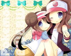 Rule 34 | 2girls, ;o, bare shoulders, baseball cap, black vest, blue eyes, blue shorts, blush, bow, brown hair, closed mouth, collarbone, commentary request, copyright name, creatures (company), double bun, game freak, hair bun, hat, high ponytail, hilda (pokemon), knees up, kou hiyoyo, long hair, multiple girls, nintendo, one eye closed, parted lips, pink bow, pink headwear, pokemon, pokemon bw, pokemon bw2, ponytail, raglan sleeves, rosa (pokemon), shirt, short shorts, shorts, smile, twintails, very long hair, vest, visor cap, white headwear, white shirt, wrist cuffs, yellow shorts