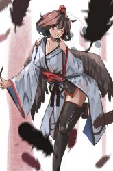 Rule 34 | 1girl, ;), bird wings, black feathers, black thighhighs, black wings, closed mouth, commentary, english commentary, feathers, hat, highres, kourindou tengu costume, looking at viewer, one eye closed, pom pom (clothes), red eyes, red headwear, shameimaru aya, smile, thighhighs, tokin hat, touhou, vanilla flan, wings