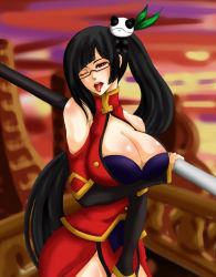 Rule 34 | 1girl, arc system works, bare shoulders, black hair, blazblue, blazblue: calamity trigger, blush, body blush, breasts, china dress, chinese clothes, cleavage, curvy, dress, female masturbation, glasses, hair ornament, huge breasts, japanese clothes, large breasts, litchi faye ling, long hair, masturbation, nakamura midori (kacco), naughty face, one eye closed, panda, solo, staff, tongue, weapon, wink