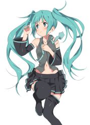 Rule 34 | 1girl, aqua eyes, aqua hair, aqua nails, aqua necktie, bare shoulders, black skirt, black sleeves, black thighhighs, blush, closed mouth, commentary, detached sleeves, from above, furuyama itaru, grey shirt, hand on own chest, hatsune miku, knee up, light frown, long hair, looking to the side, lying, midriff, nail polish, navel, necktie, on back, shirt, skirt, sleeveless, sleeveless shirt, solo, thighhighs, twintails, very long hair, vocaloid, white background