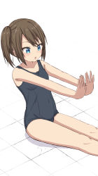 Rule 34 | 1girl, absurdres, bare arms, bare shoulders, black one-piece swimsuit, blue eyes, blush, breasts, brown hair, commentary request, covered navel, feet out of frame, highres, knees, looking away, old school swimsuit, one-piece swimsuit, original, outstretched arms, parted lips, school swimsuit, side ponytail, sitting, small breasts, solo, swimsuit, takasuma hiro, thighs, white background