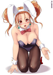 Rule 34 | 1girl, animal ears, breasts, cleavage, covered erect nipples, dragon quest, dragon quest viii, fake animal ears, huge breasts, jessica albert, kneeling, pantyhose, playboy bunny, rabbit ears, red eyes, red hair, shinozuka jouji, solo, square enix, thighs