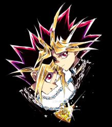 Rule 34 | 2boys, artist name, blonde hair, chain, closed mouth, collar, commentary request, dyed bangs, glint, looking to the side, male focus, millennium puzzle, multicolored hair, multiple boys, muto yugi, open mouth, red eyes, smile, soya (sys ygo), spiked hair, yami yugi, yu-gi-oh!
