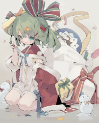 Rule 34 | 1girl, 2022, absurdres, aqua eyes, bell, christmas, christmas present, commentary request, dated commentary, deer, fang, flat chest, full body, gift, green hair, hair bell, hair ornament, hair ribbon, hairclip, highres, holding, holding knife, holly hair ornament, jingle bell, kneeling, knife, looking at viewer, medium hair, nep (nep 76), original, parted lips, ribbon, sack, santa costume, snowman, solo, star (symbol), star hair ornament