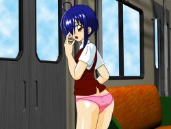Rule 34 | ahoge, ass, blue hair, blush, brown eyes, mahou sensei negima!, miyazaki nodoka, open mouth, panties, train, underwear