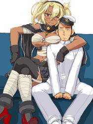 Rule 34 | 10s, 1boy, 1girl, ;), admiral (kancolle), black thighhighs, blonde hair, blush, breasts, budget sarashi, crossed legs, dark-skinned female, dark skin, dd (ijigendd), glasses, kantai collection, large breasts, long hair, musashi (kancolle), musashi kai (kancolle), one eye closed, pointy hair, red eyes, sarashi, simple background, sitting, smile, thighhighs, white background