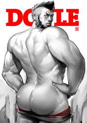 Rule 34 | 1boy, absolum art, ass, ass focus, back, bandaid, bandaid on face, bara, beard, boxers, cyphers, damian doyle (cyphers), facial hair, from behind, hand on own hip, highres, looking at viewer, looking back, male focus, male underwear, manly, mohawk, muscular, partially colored, scar, short hair, solo, thick thighs, thighs, underwear