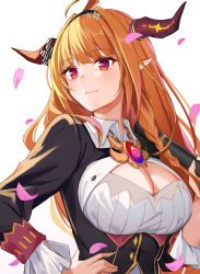 Rule 34 | 1girl, ahoge, black hairband, black jacket, blonde hair, blunt bangs, bow, braid, breasts, brooch, chain, chain necklace, cleavage, cleavage cutout, closed mouth, clothing cutout, collared shirt, commentary request, diagonal-striped bow, diploma, dragon girl, dragon horns, gem, hairband, hand on own hip, highres, holding, hololive, horn bow, horn ornament, horns, isaya (pixiv4541633), jacket, jewelry, kiryu coco, kiryu coco (1st costume), large breasts, light blush, light smile, long hair, looking away, multicolored hair, necklace, orange hair, petals, pointy ears, red eyes, shirt, side braid, sidelocks, simple background, solo, streaked hair, striped, striped bow, upper body, virtual youtuber, white background, white shirt
