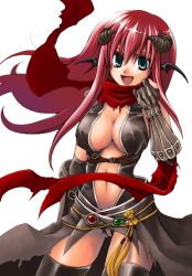 Rule 34 | 1girl, :d, armor, assassin cross (ragnarok online), bat wings, black cape, black gloves, black leotard, black thighhighs, black wings, breasts, cape, commentary request, contrapposto, cowboy shot, demon horns, elbow gloves, gloves, green eyes, hair between eyes, head wings, highres, horns, kainohito, leotard, long hair, looking at viewer, medium breasts, navel, open mouth, partially fingerless gloves, pauldrons, pink hair, ragnarok online, red scarf, revealing clothes, scarf, shoulder armor, simple background, smile, solo, thighhighs, torn cape, torn clothes, torn scarf, vambraces, waist cape, white background, wings
