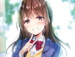 Rule 34 | 1girl, :d, blue jacket, blurry, blurry background, blush, book, bookshelf, bow, bowtie, brown hair, collared shirt, day, grin, highres, hisama kumako, index finger raised, jacket, long hair, long sleeves, looking at viewer, open mouth, original, portrait, red bow, red bowtie, school uniform, shirt, sidelocks, smile, solo, sweater, sweater vest, teeth, tree, white shirt, window, yellow sweater