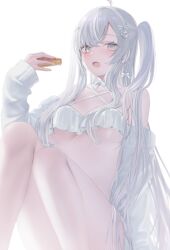Rule 34 | 1girl, ahoge, bikini, blush, bow, bow choker, braid, breasts, cardigan, choker, cleavage, commentary, convenient leg, criss-cross halter, food, grey eyes, hair bow, hair flowing over, hair ornament, hair over breasts, halterneck, heart, heart hair ornament, highres, holding, holding food, long hair, looking at viewer, medium breasts, open cardigan, open clothes, original, pie, pie slice, sidelocks, solo, swimsuit, symbol-only commentary, two side up, underboob, unusa, very long hair, white bikini, white bow, white cardigan, white choker, white hair