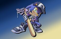 Rule 34 | 1boy, animal ears, animal nose, arm up, artist name, baseball bat, baseball cap, baseball uniform, black footwear, black hat, blue background, blue fur, blue hair, body fur, bottomless, buttons, character name, cleft of venus, closed mouth, clothes writing, drop shadow, ears through headwear, english text, full body, furry, furry male, gloves, gradient background, green eyes, half-closed eyes, hand on hilt, hand up, happy, hat, heel up, holding, holding baseball bat, licking lips, logo, long hair, looking at viewer, official alternate costume, outline, outstretched arm, pussy, pussy juice, pussy juice drip, reverse newhalf, rockthebull, shiny skin, shirt, shoes, short sleeves, sideways mouth, signature, smile, solo, sonic (series), sonic dash, sonic the hedgehog, sportswear, spread legs, standing, stretching, sweat, tail, thighs, tongue, tongue out, uncensored, white gloves, white outline, white shirt