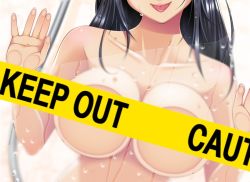 Rule 34 | 1girl, :p, adjusting eyewear, against glass, asakura sakura, bathroom, black hair, blurry, breast press, breasts, breasts on glass, caution tape, censored, cleavage, collarbone, dripping, hand on eyewear, hand on glass, head out of frame, industrial pipe, keep out, large breasts, long hair, original, solo, tongue, tongue out, upper body, water drop, wet