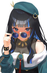 Rule 34 | 1girl, absurdres, beret, black hair, blue hair, blush, colored inner hair, eyewear pull, fate/grand order, fate (series), fingernails, hat, highres, kiaoekakishitai, long hair, looking over eyewear, multicolored hair, studded bracelet, sunglasses, tenochtitlan (fate), tenochtitlan (second ascension) (fate), white background