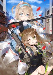 Rule 34 | 2girls, assault rifle, black dress, blonde hair, blue eyes, brown hair, bullpup, day, double bun, dress, finger on trigger, girls&#039; frontline, gloves, green eyes, gun, hair between eyes, hair bun, hairband, highres, kel-tec rfb, kneeling, long hair, looking at viewer, multiple girls, one eye closed, one side up, open mouth, outdoors, petals, rfb (girls&#039; frontline), rifle, sailor collar, semi-automatic firearm, semi-automatic rifle, sidelocks, sitting, smile, submachine gun, suomi (girls&#039; frontline), suomi kp/-31, thighhighs, tonito, uniform, weapon, white gloves, white legwear