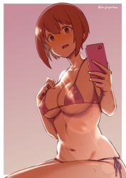 Rule 34 | 1girl, alice gear aegis, bikini, blush, breasts, brown eyes, brown hair, cellphone, commentary, covered erect nipples, cowboy shot, gradient background, hair between eyes, hand on own chest, holding, holding phone, konigstigerchan, large breasts, lens flare, looking at viewer, micro bikini, navel, open mouth, phone, pink background, pink bikini, ribs, shade, short hair, side-tie bikini bottom, simple background, sitting, skindentation, smartphone, solo, stomach, string bikini, suga itsuri, sunlight, sweat, swimsuit, thighs, twitter username