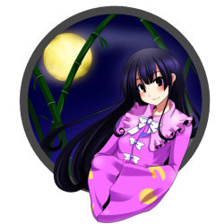 Rule 34 | 1girl, bamboo, bamboo forest, black hair, blush, bow, brown eyes, female focus, forest, full moon, hands in opposite sleeves, hime cut, houraisan kaguya, long hair, moon, nature, neri wasabi, nerii wasabi, smile, solo, touhou, very long hair