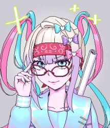 Rule 34 | 1girl, adjusting eyewear, blue bow, blue eyes, blue hair, blue shirt, blunt bangs, bow, chouzetsusaikawa tenshi-chan, closed mouth, eencya, glasses, grey background, hair bow, hand up, headband, long hair, long sleeves, looking at viewer, multicolored hair, nail polish, needy girl overdose, official art, otaku, pink bow, pink hair, pink lips, pixel art, purple bow, quad tails, red-framed eyewear, red headband, sailor collar, second-party source, shirt, smile, solo, sparkle, upper body, white hair