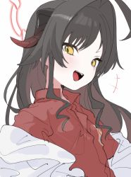 Rule 34 | 1girl, ahoge, black hair, blue archive, blush, brown hair, coat, halo, highres, horns, kasumi (blue archive), long hair, looking at viewer, multicolored hair, off shoulder, open mouth, orange eyes, red shirt, shirt, sidelocks, signalviolet, simple background, solo, white background, white coat
