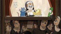 Rule 34 | 4girls, :d, :o, bird, blonde hair, blue eyes, brown eyes, brown hair, chicken, clumsy nun (diva), commentary, diva (hyxpk), duck, english commentary, froggy nun (diva), glasses, glasses nun (diva), habit, hand puppet, hedgehog, highres, hungry nun (diva), little nuns (diva), multiple girls, nun, open mouth, puppet, round eyewear, smile, traditional nun, triangle mouth