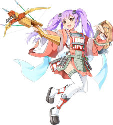 Rule 34 | 1girl, :d, arrow (projectile), bowgun, emerane, fang, full body, holding, holding weapon, long hair, looking at viewer, open mouth, oshiro project:re, oshiro project:re, purple hair, quiver, smile, solo, taga (oshiro project), twintails, very long hair, weapon, white background, white legwear, yellow eyes