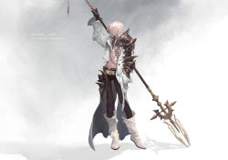 Rule 34 | 1boy, arm up, armor, bare pectorals, belt, blonde hair, brown gloves, chain, closed mouth, coat, fingerless gloves, gloves, hand in pocket, holding, holding polearm, holding spear, holding weapon, jewelry, male focus, navel, necklace, original, over shoulder, pants, pauldrons, pectorals, polearm, shoulder armor, single glove, single pauldron, solo, spear, standing, vambraces, weapon, weapon over shoulder, white belt, white coat, white footwear, yuho kim
