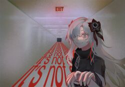 Rule 34 | 1girl, black coat, black flower, closed mouth, coat, commentary request, english text, exit sign, flower, grey eyes, grey hair, hair flower, hair ornament, hair over one eye, hallway, hand grab, heterochromia, highres, indoors, isekai joucho, kamitsubaki studio, long hair, looking at viewer, multicolored hair, pov, pov hands, red eyes, red hair, red pupils, sanpaku, smile, solo, streaked hair, ume (ume xxoo), upper body, vanishing point, virtual youtuber