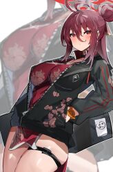 Rule 34 | 1girl, ahoge, black jacket, blue archive, blush, breasts, china dress, chinese clothes, cleavage, dress, hair between eyes, halo, hands in pockets, highres, jacket, large breasts, long hair, looking at viewer, mole, mole on collarbone, mole under eye, red dress, red eyes, red halo, reijo (blue archive), simple background, the olphy, thigh strap, thighs, white background, zipper, zoom layer