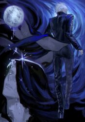 Rule 34 | 1boy, back, blue coat, blue eyes, coat, colored skin, cracked skin, devil may cry (series), devil may cry 5, full moon, glowing, glowing eyes, grey skin, hair slicked back, higan1113557, highres, moon, nelo angelo, solo, vergil (devil may cry), white hair
