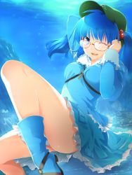 Rule 34 | 1girl, adjusting hair, ahoge, bare legs, bespectacled, blue eyes, blue hair, boots, bubble, dress, female focus, glasses, hair bobbles, hair ornament, hand on own face, hat, highres, hinohoshi ataru, kawashiro nitori, key, light, long sleeves, matching hair/eyes, no lineart, one eye closed, open mouth, red-framed eyewear, sany, short hair, short twintails, skirt, skirt set, smile, solo, thighs, touhou, twintails, two side up, underwater, wink