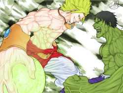 Rule 34 | broly (dragon ball z), colored skin, crossover, dragon ball, dragonball z, fighting stance, green skin, hulk, john liriano, male focus, marvel, muscular, topless male, spiked hair, super saiyan, torn clothes
