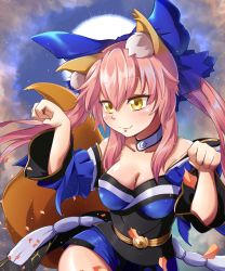 Rule 34 | 1girl, animal ears, bare shoulders, blue ribbon, blush, bow, breasts, cleavage, collarbone, detached sleeves, fang, fate/grand order, fate (series), fox ears, fox tail, hair bow, hair ribbon, highres, japanese clothes, large breasts, looking at viewer, out-of-frame censoring, paw pose, pink hair, ribbon, solo, tail, tamamo (fate), tamamo no mae (fate/extra), yellow eyes, yunyunmaru