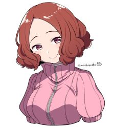 Rule 34 | 10s, 1girl, blush, brown eyes, brown hair, commentary request, do m kaeru, okumura haru, persona, persona 5, pink sweater, ribbed sweater, short hair, smile, solo, sweater, twitter username, upper body, white background