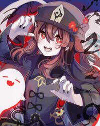 Rule 34 | 1girl, black coat, black nails, boo tao (genshin impact), bright pupils, brown hair, coat, flower, flower-shaped pupils, genshin impact, ghost, hair between eyes, hand up, hat, hat flower, hat tassel, highres, hu tao (genshin impact), light blush, long hair, long sleeves, looking at viewer, mint chocoooo, open mouth, red eyes, solo, symbol-shaped pupils, twintails, upper body, white pupils